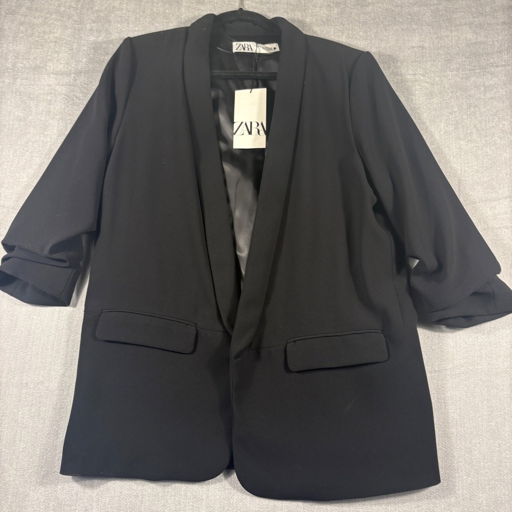 Zara Man Black Ruched Sleeve Blazer Shawl Lapel Open Front Jacket XL 2761/040